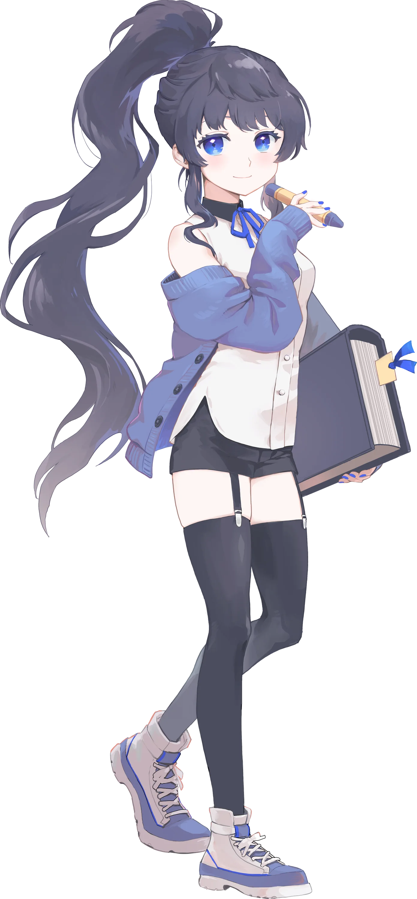 露草くれよんの全身イラスト。ポニーテールで、露草色のカーディガンを着て、クレヨンと大きな本を持っている